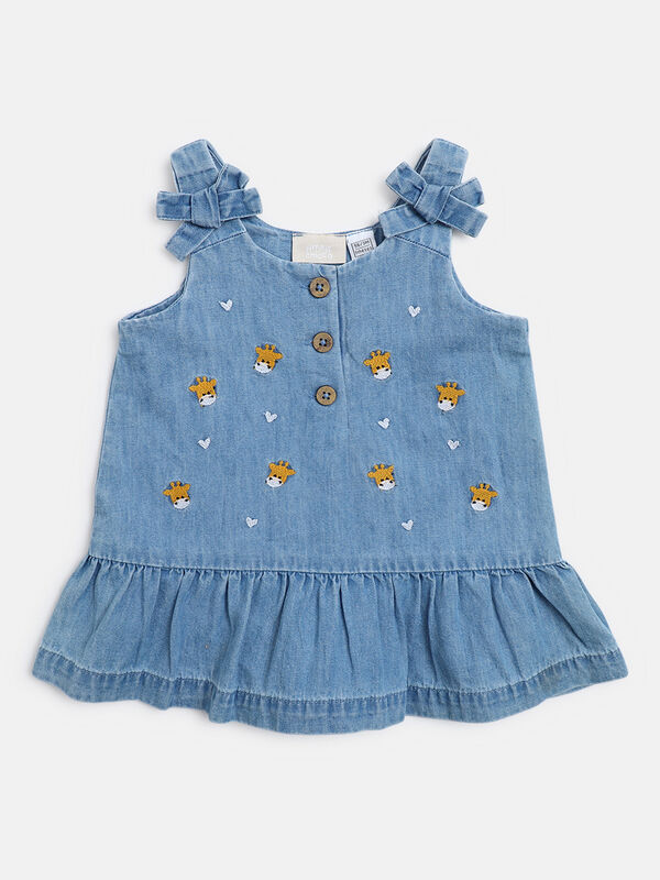 Girls White & Blue Printed T-shirt with Dungaree image number null