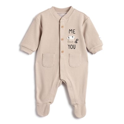 Infants Beige Typography Printed Front Opening Babysuit