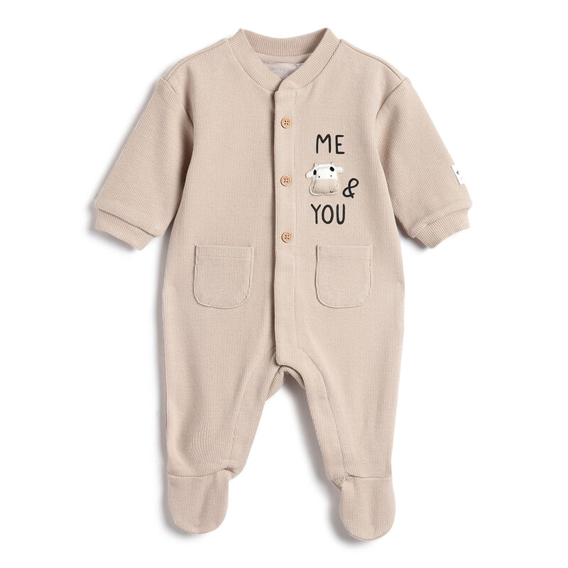 Infants Beige Typography Printed Front Opening Babysuit image number 0
