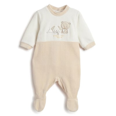 Infants Beige Embroidered Nappy opening Babysuit