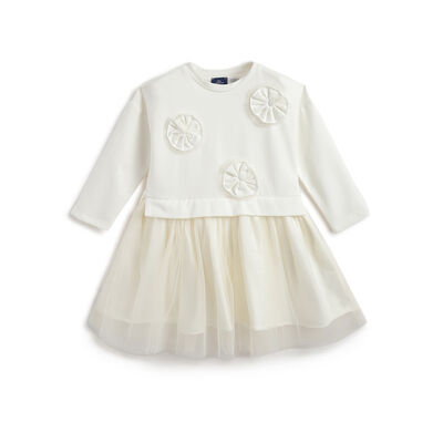 Girls White Self Design Long Sleeve Dress