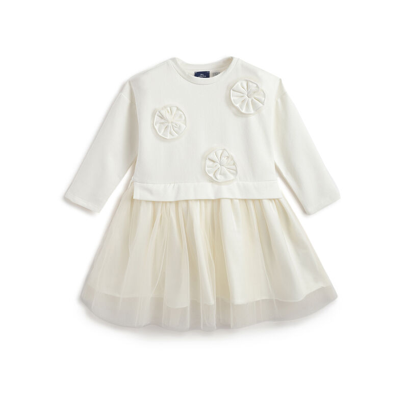 Girls White Self Design Long Sleeve Dress image number 0