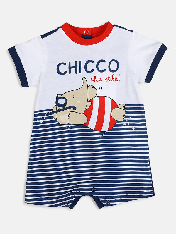 Boys White & Blue Short Sleeve Knitted Romper image number null