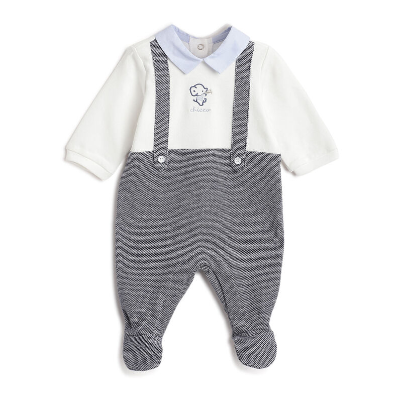 Boys White and Blue Colorblocked Leg Opening Babysuit image number 0