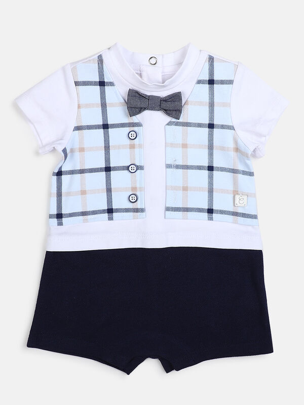 Boys White & Blue Short Sleeve Knitted Romper image number null