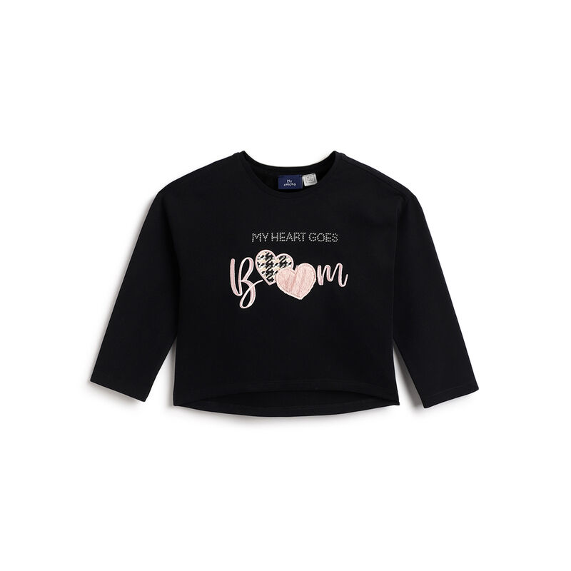 Girls Black Typography Printed Long Sleeve T- Shirt image number 0