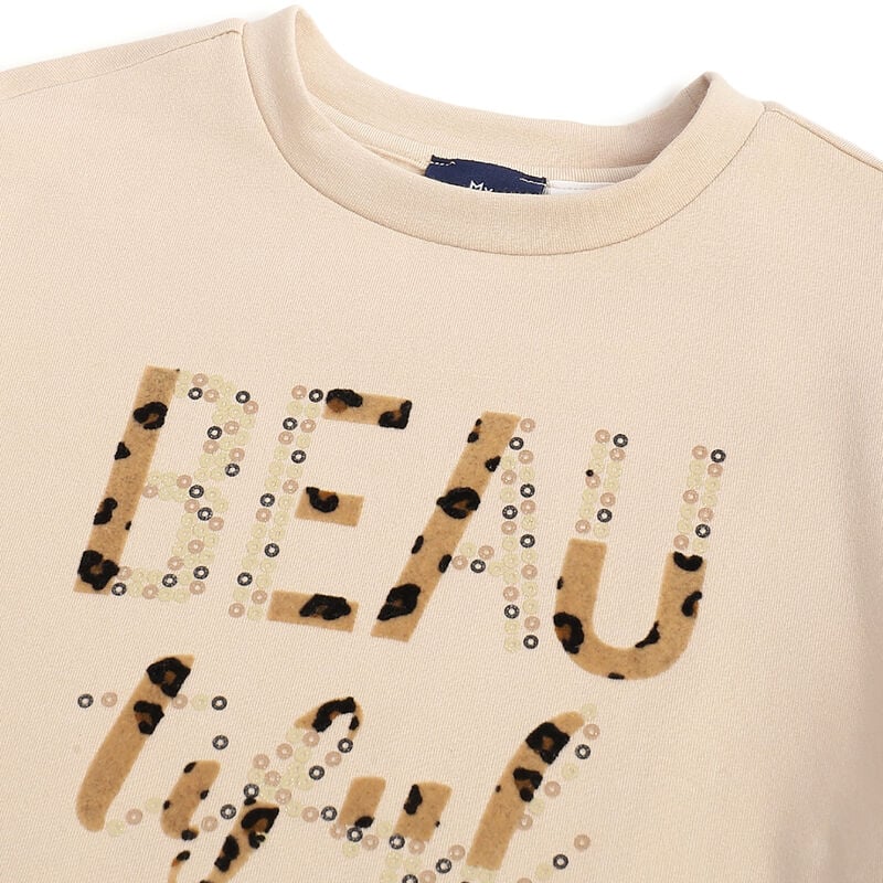 Girls Self Designed Beige Sweatshirt with Long Trousers image number 4