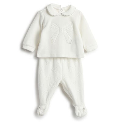 Girls White Self Design Smock with Leggings