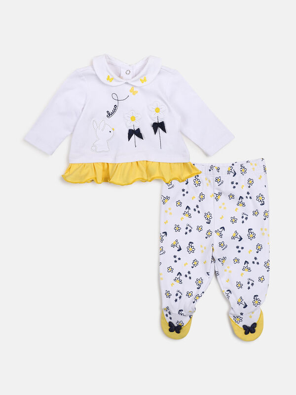 Girls White & Yellow Printed Smock with Legging image number null