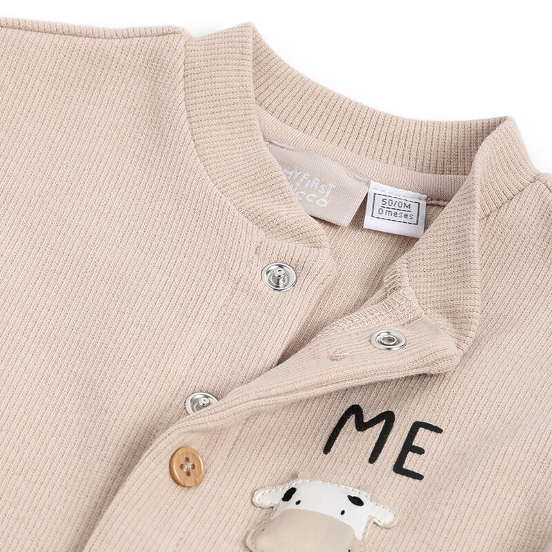 Infants Beige Typography Printed Front Opening Babysuit image number 2