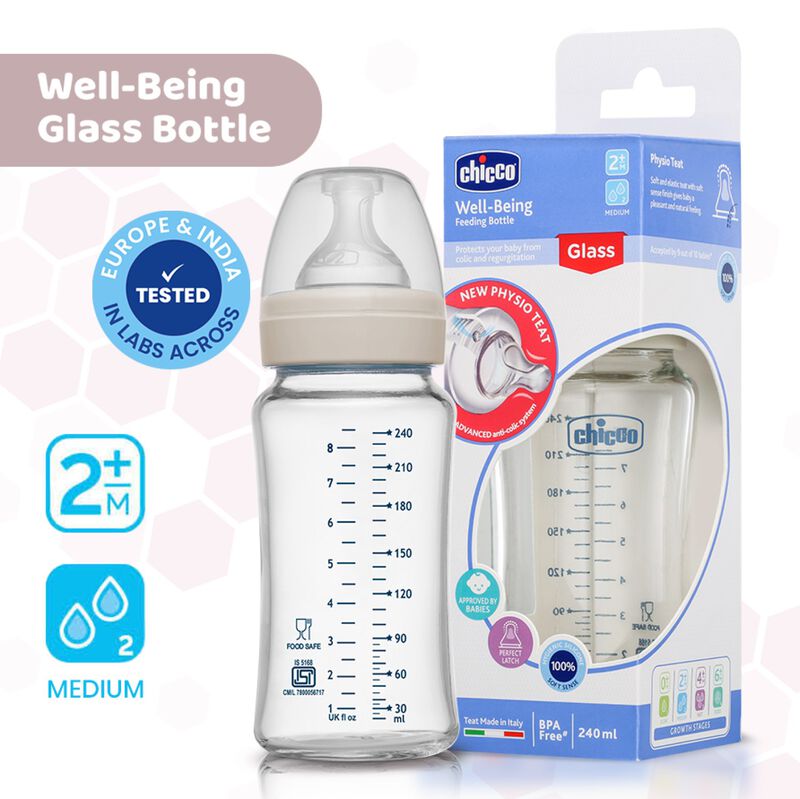 Well-Being Glass Feeding Bottle (240ml, Medium Flow) (Pink) image number null