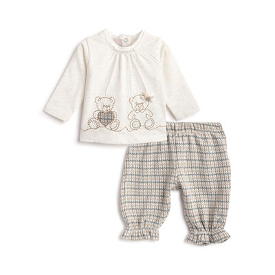 Girls White and Beige Embellished T-shirt with Long Trouser