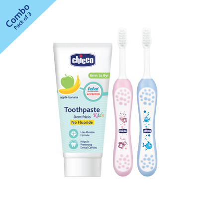 Combo- Toothbrush Blue 6M-36M + Toothbrush Pink 6M-36M + Tooth Paste Apple Banana No Fluoride (6M-6Y) (50g)