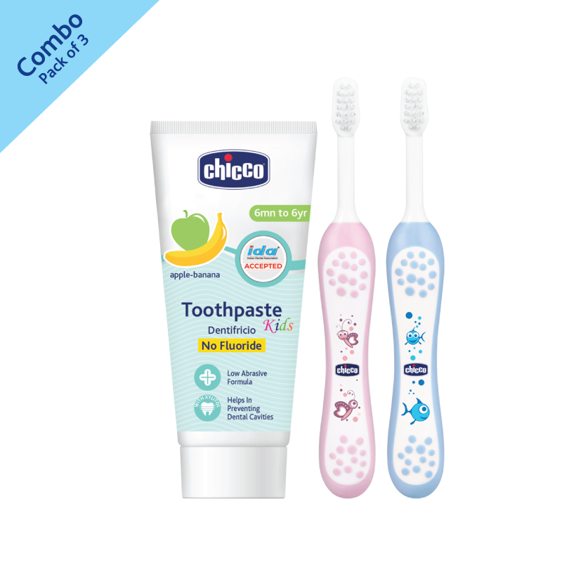 Combo- Toothbrush Blue 6M-36M + Toothbrush Pink 6M-36M + Tooth Paste Apple Banana No Fluoride (6M-6Y) (50g) image number null