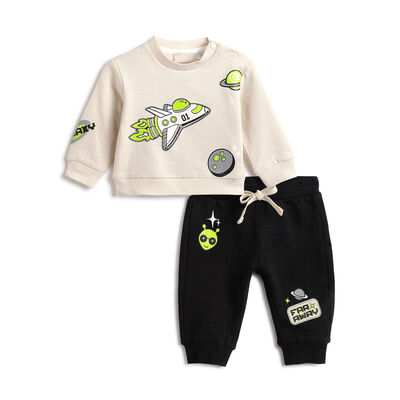 Boys Beige Printed Sweatshirt with Jogger Pant