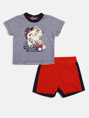 Boys Blue & Red Striped T-Shirt with Short Pants