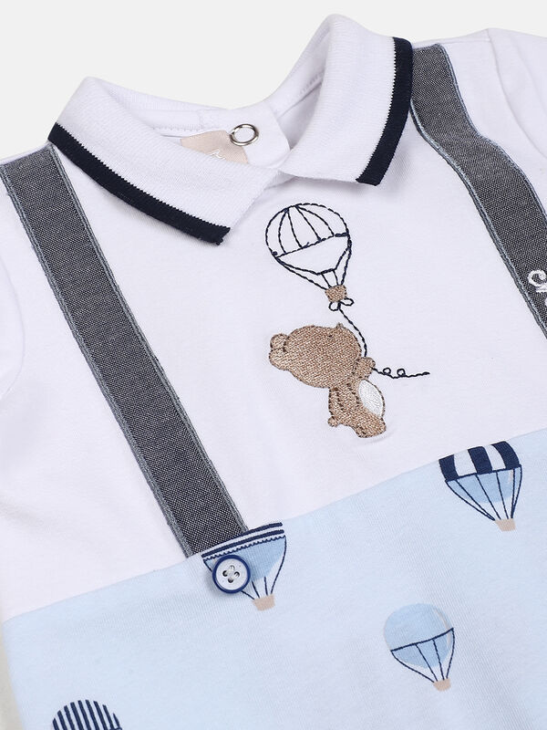 Boys White & Light Blue Short Sleeve Knitted Romper image number null