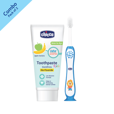Combo- Toothbrush Blue 3Y-8Y+ Tooth Paste Apple Banana No Fluoride (6M-6Y) (50g)