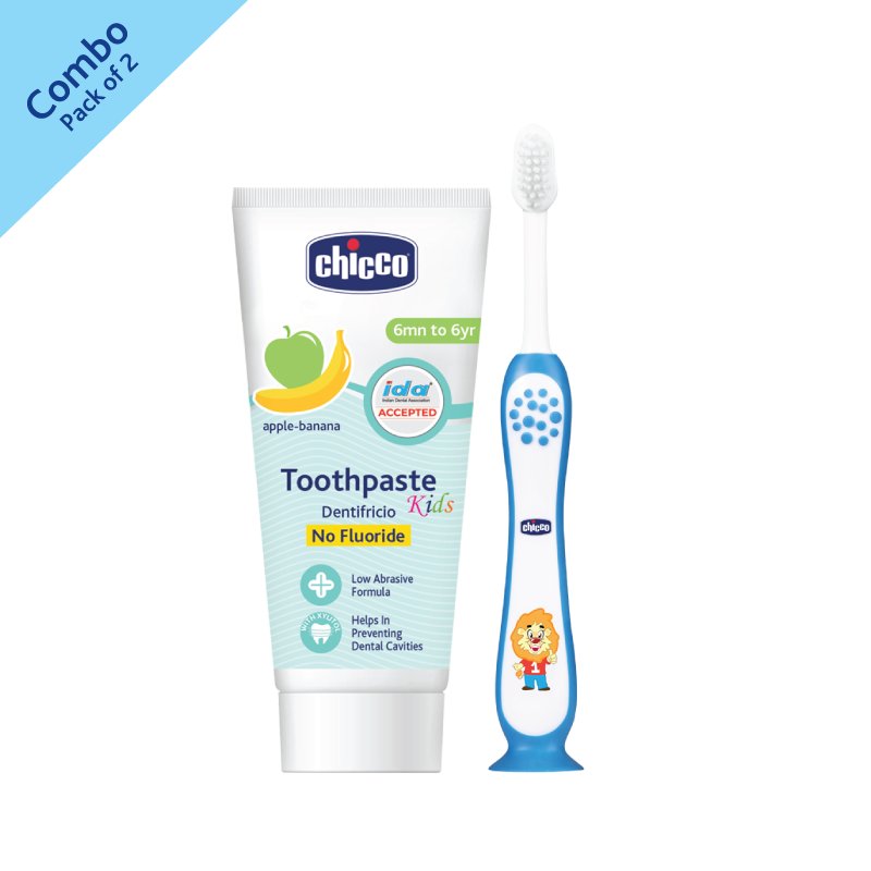 Combo- Toothbrush Blue 3Y-8Y+ Tooth Paste Apple Banana No Fluoride (6M-6Y) (50g) image number null