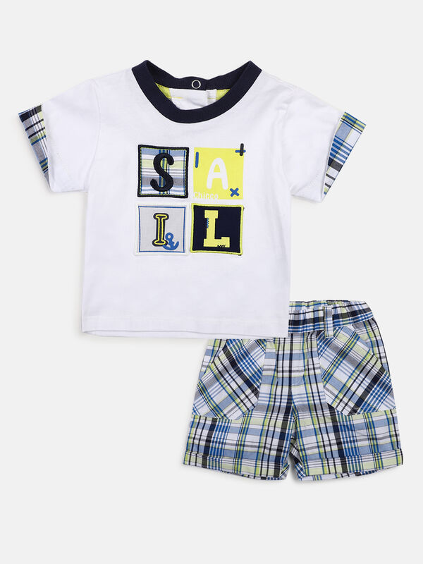 Boys White & Blue Printed T-Shirt with Short Pants image number null