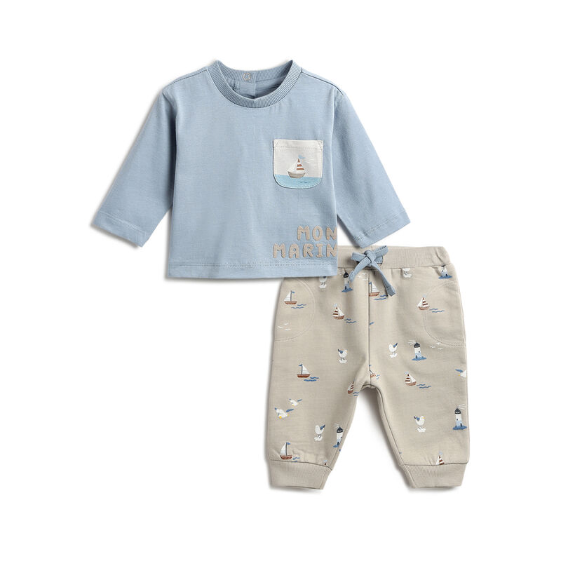 Girls Blue and Beige Embellished Smock with Leggings image number 0