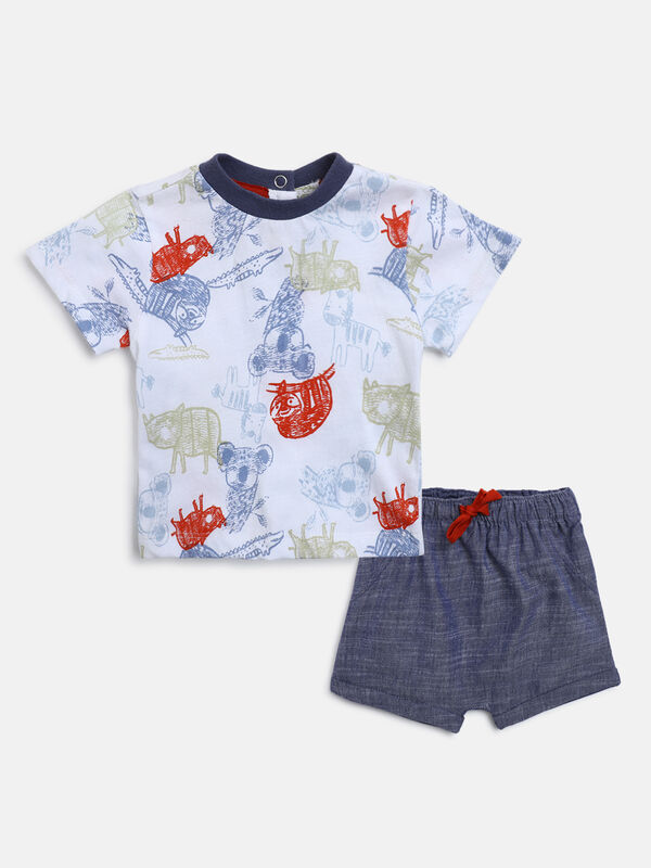 Boys Medium Blue Printed T-Shirt with Short Pants image number null