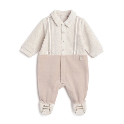 Boys Beige Embroidered Front Opening Babysuit