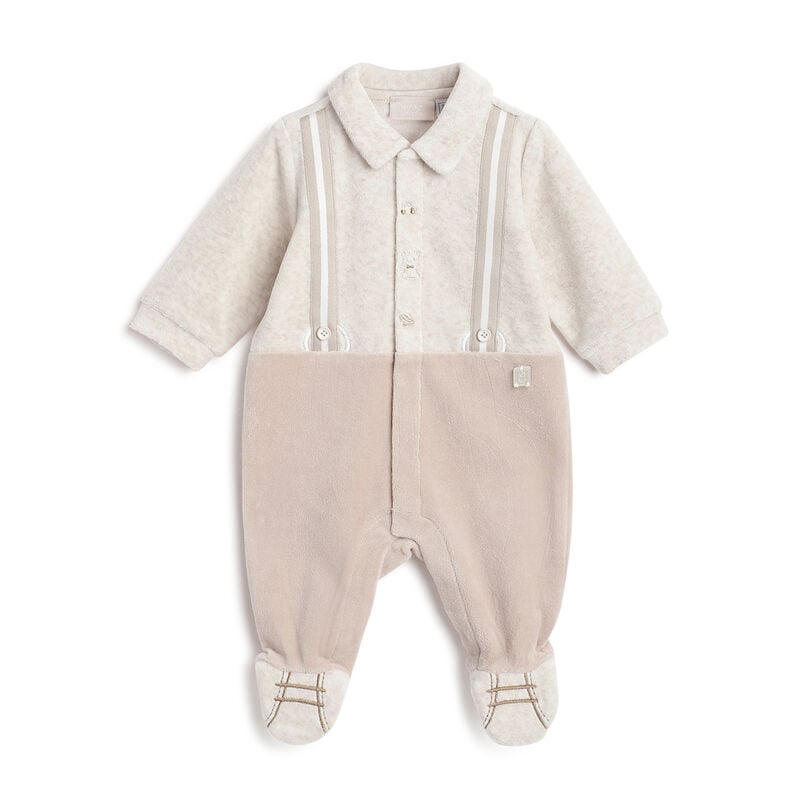 Boys Beige Embroidered Front Opening Babysuit image number 0