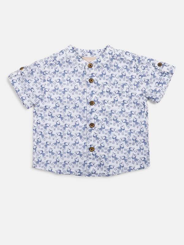 Boys White & Blue Printed Short Sleeve Woven Shirt image number null