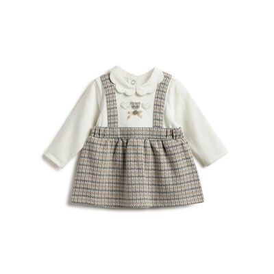 Girls White and Beige Checked Long Sleeve Dress