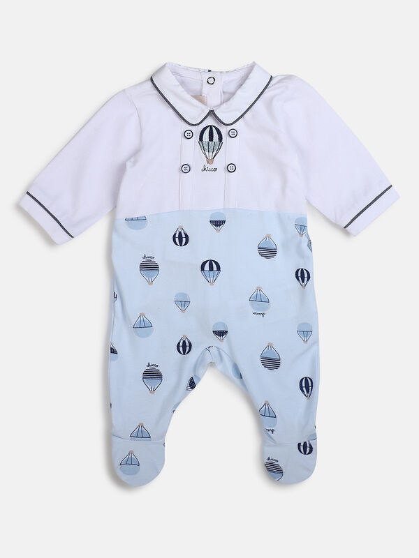 Boys White & Light Blue Nappy Opening Babysuit image number null