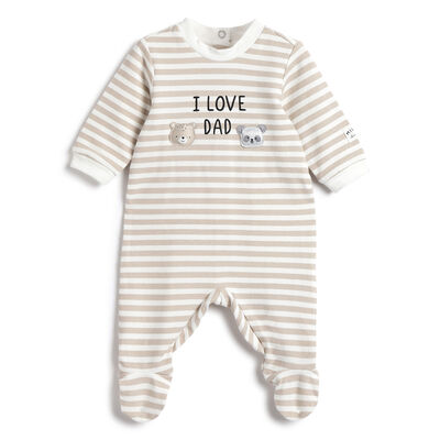Infants Beige Striped Nappy opening Babysuit