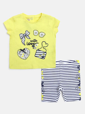 Girls White & Blue Printed T-Shirt with Short Pants