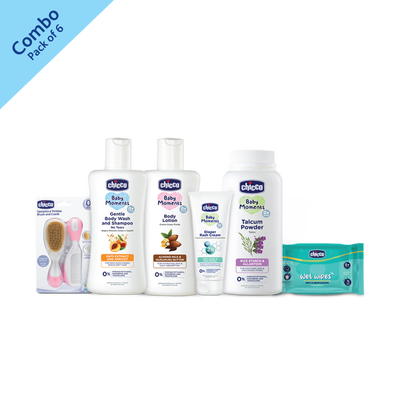 Travel Pack-Gentle Body Wash And Shampoo(100ml)+Baby Body Lotion (100ml)+Diaper Rash Cream (50ml)+Baby Talcum Powder (75g)+Chicco Wet Wipes Sticker 72 Pcs+ Brush And Comb (Pink)