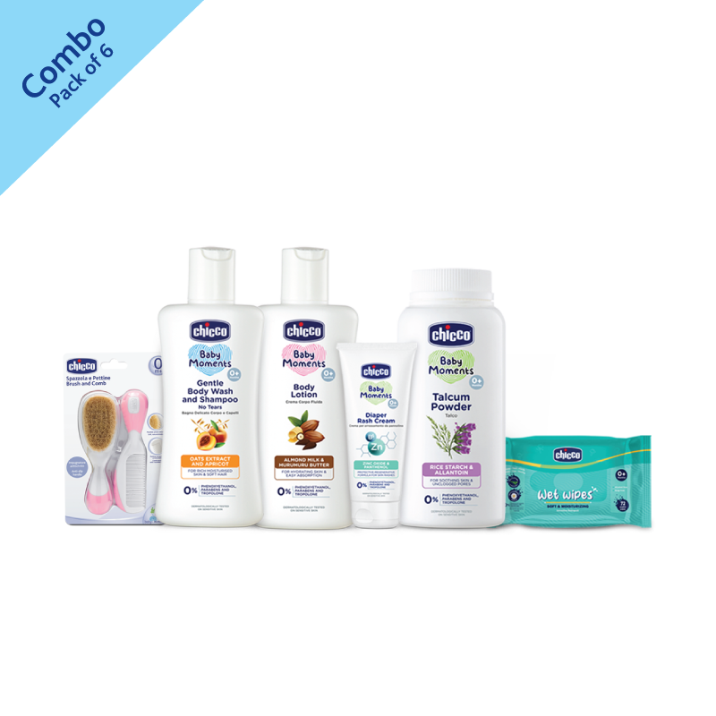 Travel Pack-Gentle Body Wash And Shampoo(100ml)+Baby Body Lotion (100ml)+Diaper Rash Cream (50ml)+Baby Talcum Powder (75g)+Chicco Wet Wipes Sticker 72 Pcs+ Brush And Comb (Pink) image number null