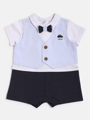 Boys Solid Blue Short Sleeve Knitted Romper