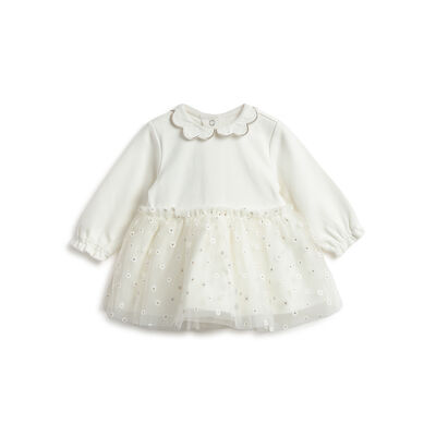 Girls White Self Design Long Sleeve Dress