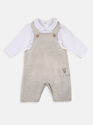Boys White & Beige Bodysuit with Long Dungaree