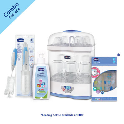 combo-Sterilizer Sterilnatural 3 In 1+Liquid Cleanser India 200ml Bottle+Chicco Bottle Brush (3 In 1)+WellBeing Bi-Pack Feeding Bottle (250ml, Medium) (Blue Green)