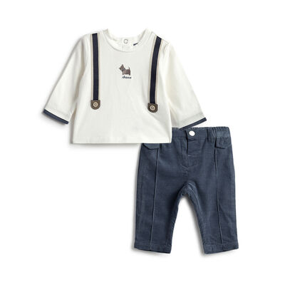 Boys White Self Designed T Shirt with Trousers