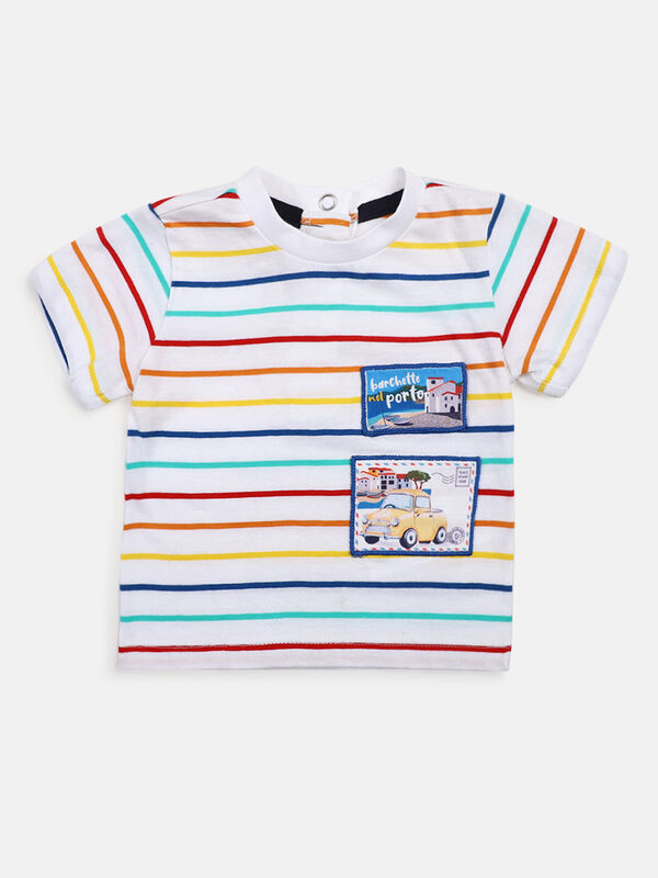 Boys White Striped Short Sleeve Knitted T- Shirt image number null
