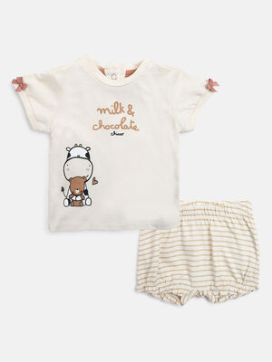 Girls Natural Striped T- Shirt with Short Pants