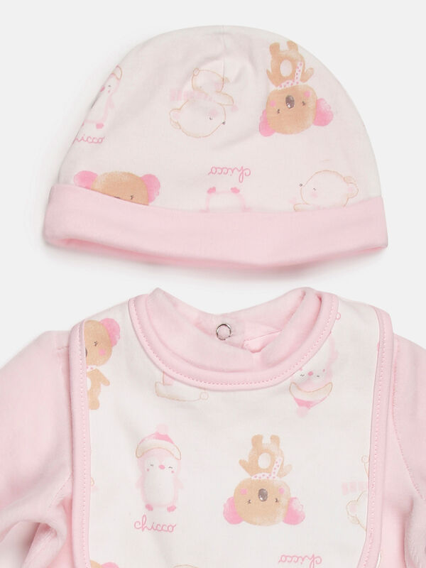 Gift Box-3 Pcs- Velour Babysuit Bib And Hat (Pink) image number null