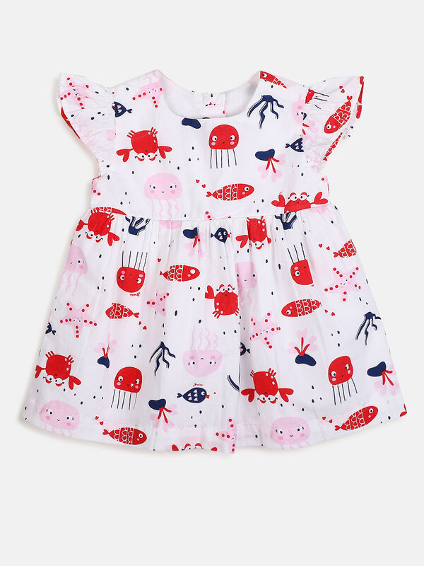 Girls White & Red Short Sleeve Printed Dress image number null