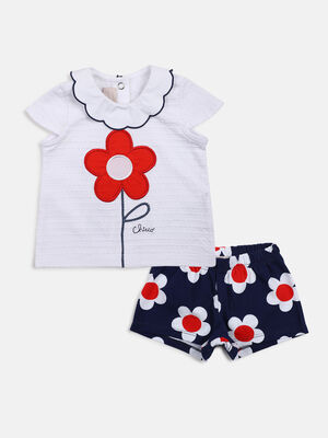 Girls White & Blue Printed T- Shirt with Short Pants