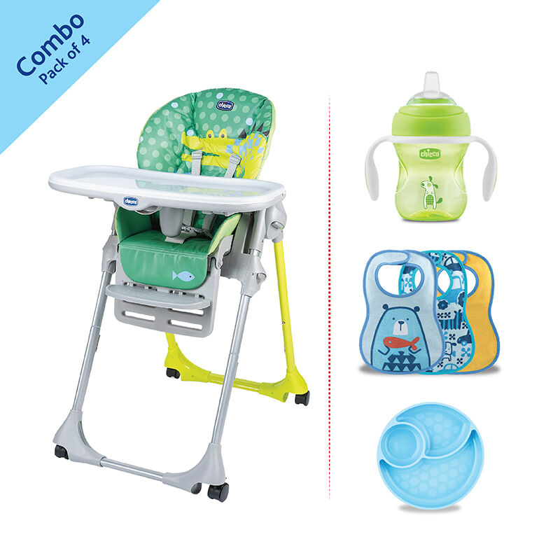 Combo-Polly Easy Highchair (Crocodile, Green)+Easy Menu Plate (Light Blue)+Easy Meal Bib (6m+) (Assorted-Blue) (3 Pcs)+Transition Cup (200ml) (4m+) image number null
