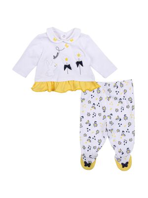 Girls White & Yellow Printed Smock with Legging