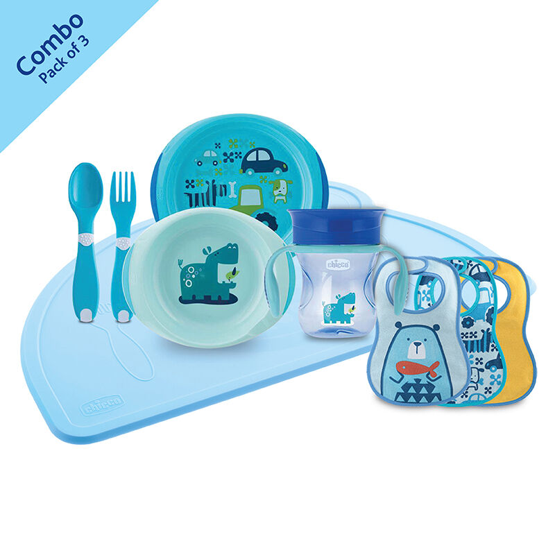 Combo-Tablemat (Light Blue)+Meal Set (12m+) (Light Blue)+Easy Meal Bib (6m+) (Assorted-Blue) (3 Pcs) image number null