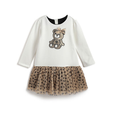 Girls White and Beige Embellished Long Sleeve Dress
