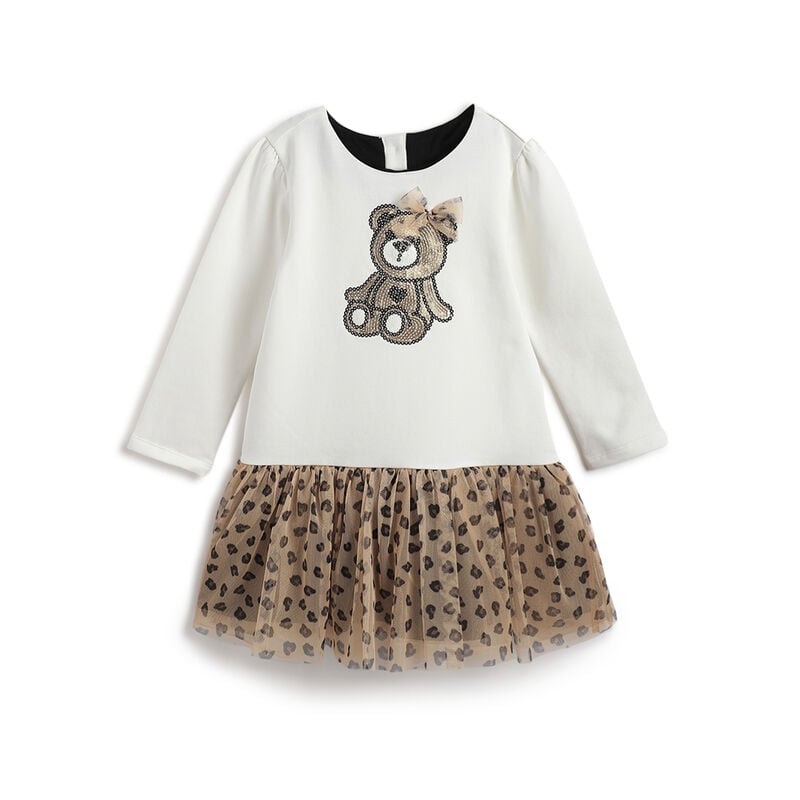 Girls White and Beige Embellished Long Sleeve Dress image number 0